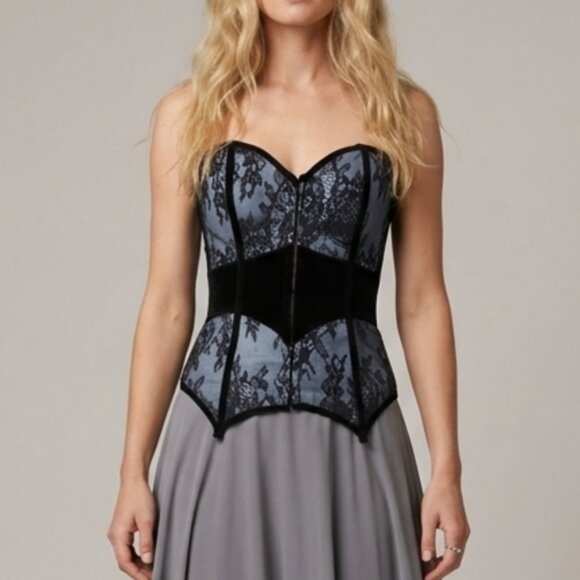 Coquette Tops - Coquette Corset Top Black Grey Pace Size Small Renaissance Castlecore Fairytale